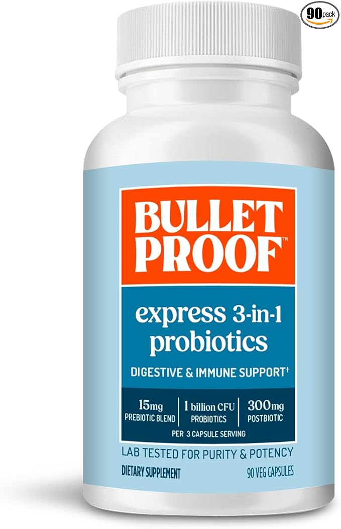 Bulletproof Express 3-in-1 Probiotic &amp Postbiotics Supplement for Sustained Gut Health 90 Count