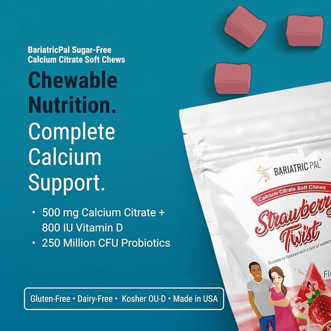 BariatricPal Sugar-Free Calcium Citrate Soft Chews | 500mg with Vitamin D &amp Probiotics | Strawberry Twist | 90 Count (1 Month Supply)