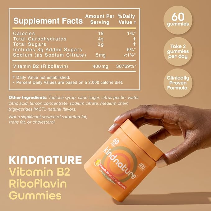 kindnature Vitamin B2 Gummies - Riboflavin 400mg Supplement for Kids &amp Adults - Non-GMO Soy &amp Gluten-Free Vegan Chewable Gummies (30 Day Supply)