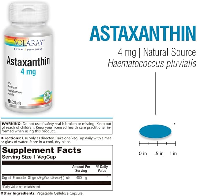 SOLARAY Astaxanthin 4 mg | Antioxidant | Healthy Eye Skin Cardiovascular Function &amp Joint Support | 60 Softgels