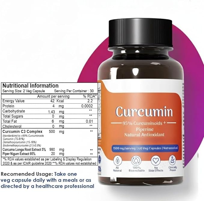 Organic Curcumin with Piperine (1500Mg Curcumin 95% Per Serving) Premium Turmeric Extract 60 Vegetable Capsules with Piperine (Pack of 1)