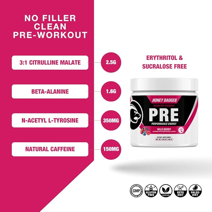 Honey Badger Pre Workout Powder Keto Vegan Preworkout for Men &amp Women Beta Alanine &amp Caffeine Sugar Free Natural Energy Supplement Wild Berry 30 Servings
