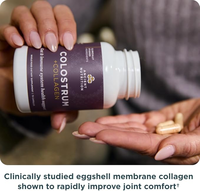 Ancient Nutrition Colostrum Superfood + Collagen Grass Fed Bovine Colostrum Fermented Eggshell Membrane Collagen Supports Healthy Gut Microbiome and Immune System 75 Count