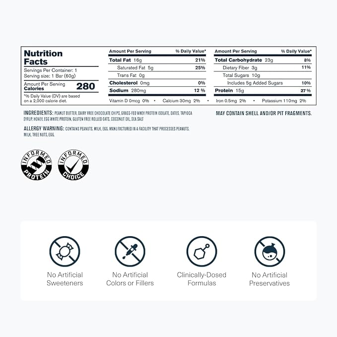 Transparent Labs Protein+ Bars - Whole-Food Protein Bars w/ 15g+ Grass-Fed Whey &amp Egg Whites Protein Natural Peanut &amp Almond Butter No Artificial Sweeteners - Peanut Butter Chocolate Chip 1