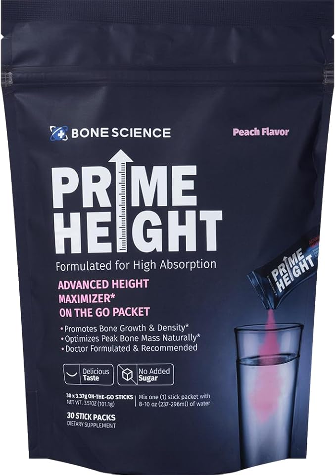 BONE SCIENCE Prime Height Multivitamin Powder for Kids &amp Teens Bone &amp Immune Support Sugar-Free Peach Flavor 16 Key Nutrients Easy Drink Mix 30 Sticks