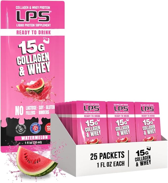 Nutritional Designs LPS Liquid Collagen &amp Whey Protein Supplement - Non-GMO Drink Sugar-Free - Promotes Healthy Skin &amp Hair for Men &amp Women Watermelon Single Serve (25 Packets)