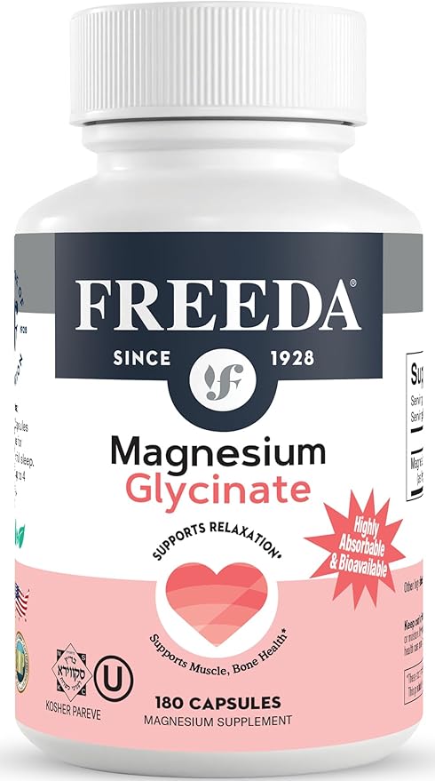 Freeda Magnesium Glycinate | High Absorption Chelated Magnesium | No Oxide | Supports Sleep Muscle &amp Nerve Function | Non-GMO Vegan Kosher | Gentle on Digestion | 180 Capsules