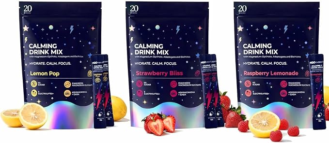 H2O Capsule Calm Magnesium Glycinate Powdered Drink Mix with Electrolytes – Sugar Free Ashwagandha L-Theanine B6 &amp GABA – 60 Servings (20 Lemon 20 Strawberry 20 Raspberry)