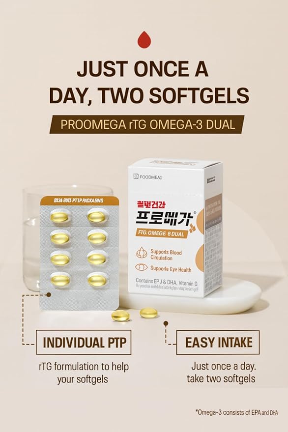 rTG Omega-3 Fish Oil Softgels 600mg EPA DHA Mini Easy-to-Swallow Capsules Dual Omega-3 Formula with Vitamin E High Absorption Fish Oil Supplement 60 Softgels Made in Korea