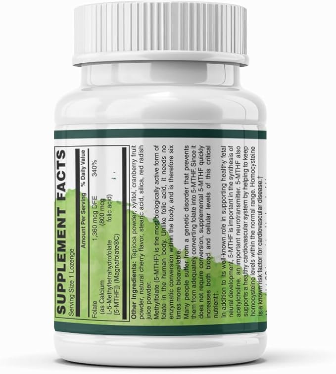 Methylfolate 800 mcg Sublingual Lozenges – Active L-5-MTHF for Homocysteine Mood Prenatal &amp Heart Support | Vegan Non-GMO Gluten-Free | 60 Fast-Dissolve Tablets