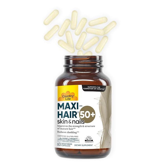 Country Life Maxi-Hair 50+ – Biotin-Based Hair Skin &amp Nails Supplement for Women &amp Men Over 50 | Supports Healthy Hair Growth &amp Reduced Shedding | Certified Gluten-Free &amp Vegetarian |