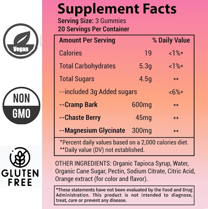 Menstrual Gummies for Women May Help Support Bloating Period Relief | Plant-Based | Cramp Bark Magnesium Chaste Berry | Vegan | Orange 60ct