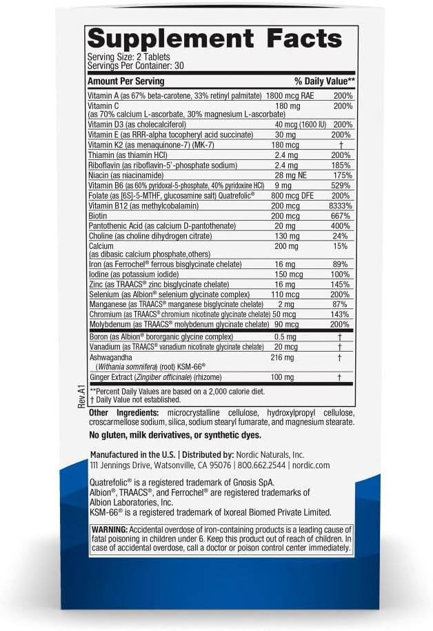 Nordic Naturals Women’s Multivitamin Extra Strength - Skin Hair Energy &amp Bone Support - Immunity Supplement - 20 Essential Nutrients - 60 Tablets - 30 Servings