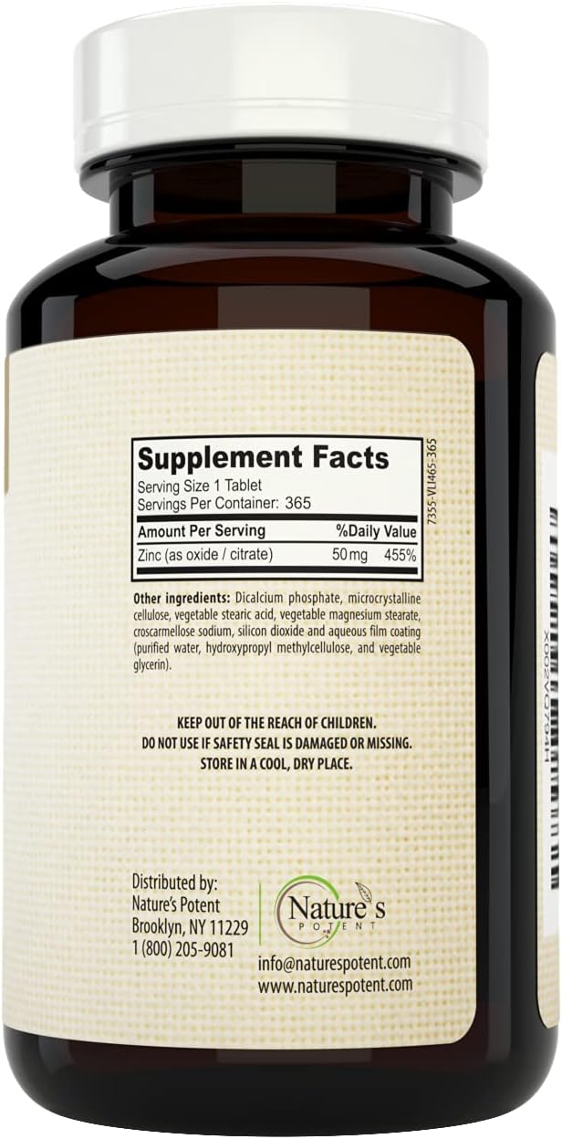 Nature's Potent Zinc 50 mg Immune Support Supplement - High Potency for Maximum Immune &amp Antioxidant Health - Made in USA from Natural Zinc Oxide - 365 Tablets (1 Year Supply)