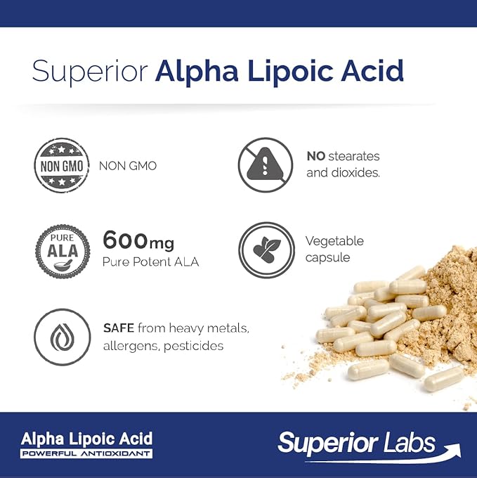 Superior Labs Alpha Lipoic Acid 600 mg Capsules Pure Non-GMO ALA High Absorption Nerve Support Healthy Circulation and Nerve Response Healthy Aging Antioxidant 120 Veg Caps 4-Month Supply