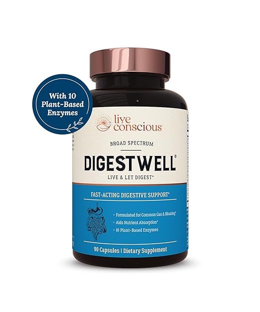 Live Conscious DigestWell Immediate Support - Fast-Acting Digestive Support | Broad Spectrum Enzyme Probiotic &amp Herbal Formula - Decreases Everyday Gas &amp Bloating - 90 Capsules (2-Pack)