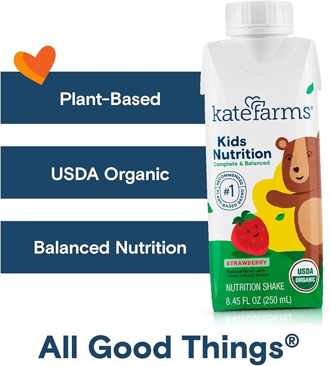 KATE FARMS Organic Kids Nutrition Strawberry Shake 8g Protein 27 Vitamins and Minerals Meal Replacement Gluten Free Non-GMO 8.45 oz (6 Pack)