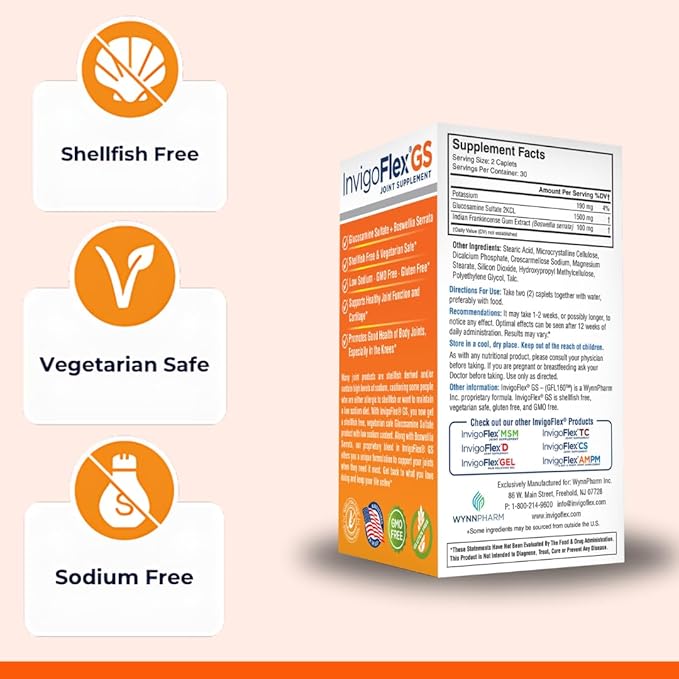 INVIGOFLEX Glucosamine Sulfate (Shellfish Free Sodium Free &amp Vegetarian Safe) Non GMO Gluten Free - with Boswellia Serrata - Premium Joint Supplement GS - 2 Pack