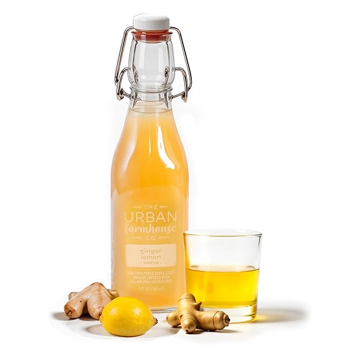 The Urban Farmhouse Co Organic Vinegar Shrub – Ginger Lemon 9 oz Bottle – Small Batch Drinking Vinegar with Apple Cider Vinegar &amp Fresh Citrus – Cocktail Mixer Gut Health Tonic No Sugar Added
