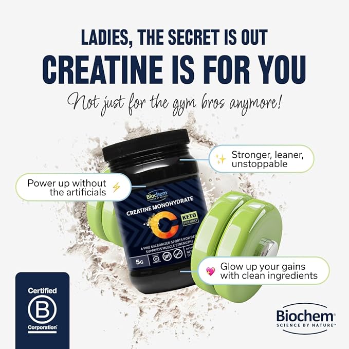 Biochem Micronized Creatine Monohydrate Powder – Muscle Strength &amp Endurance Support – Clean Vegan Formula – Certified Gluten Free K-Parve &amp Keto – 17.6 oz - 100 Servings