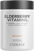 Codeage Elderberry Vitamins - Organic Fermented Elderberry Blend Vitamin C from Ascorbic Acid &amp Organic Acerola Cherries Vitamin D3 Zinc Sambucus Berries - 90 Capsules