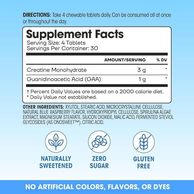 Fit &amp Lean Creatine for Women My Lean Creatine Chewable Tablets Creatine Monohydrate with GAA Muscle Performance Cognitive Function No Bloating Reduced Water Retention Blue Raspberry 30 Se