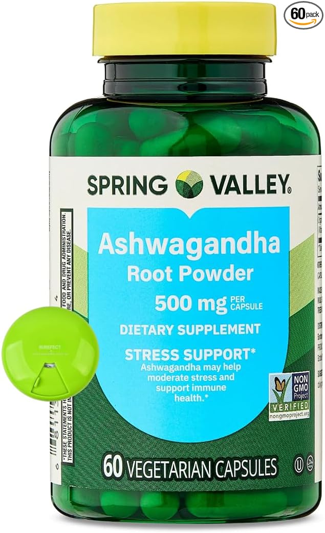 SUREFECT Spring Valley Ashwagandha Root Powder General Wellness Dietary Supplement Vegetarian Capsules 500 mg 60 Count Organizer.