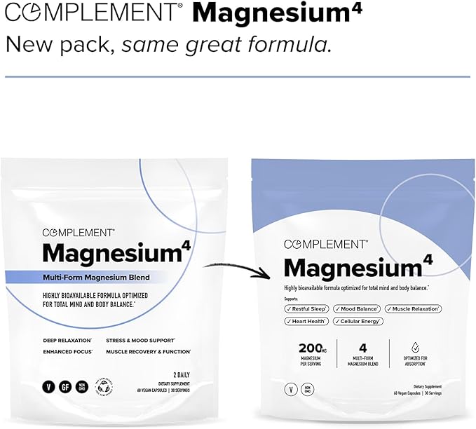 COMPLEMENT Magnesium - 4 Bioavailable Forms Complex - Malate Taurate Bisglycinate Orotate - Supplement for Relaxation Muscle Recovery Stress Reduce - 200mg 60 Vegan Capsules (30 Servings)