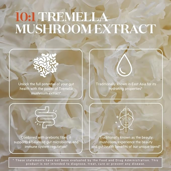 Bend Beauty Gut Glow | Daily Prebiotic Fiber Supplement Powder w/Tremella Mushroom Exract | Digestive Gut Health | 6g of Soluble Fiber per Serving | 100% Organic Vegan Sugar Free | Unflavored