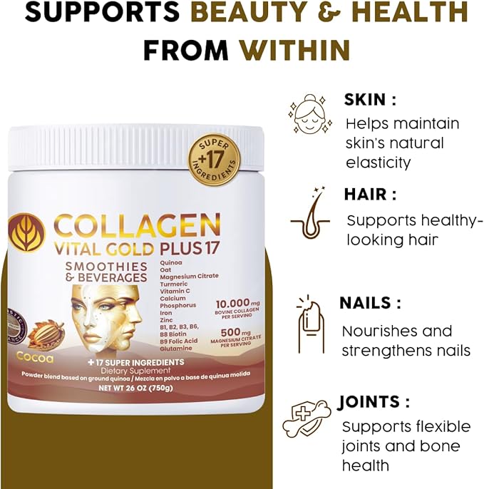 Vital Life Collagen Peptides Powder +17 Super Ingredients 1.6 lb (Pack of 6) Cocoa Flavor Supports Hair Skin Nails Bones Joints &amp Digestive Health Collagen for Women &amp Men.