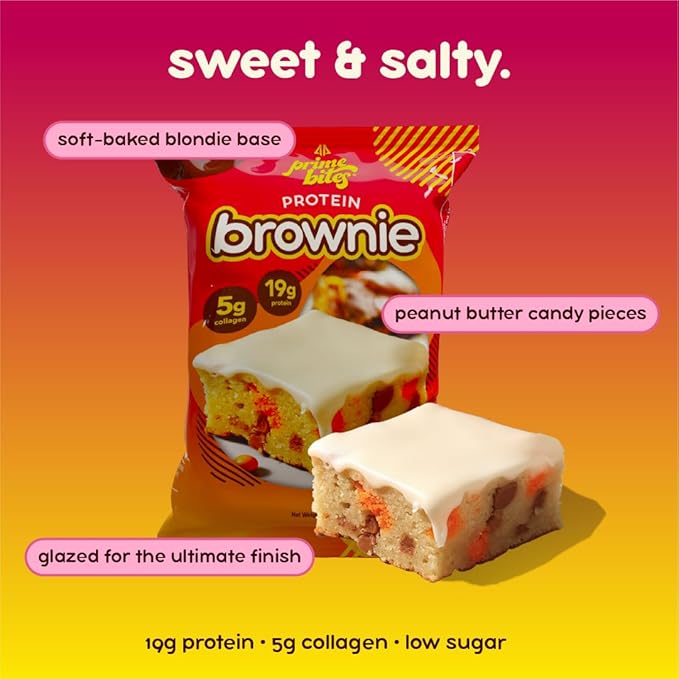 Prime Bites Protein Brownie from Alpha Prime Supplements | High Protein Collagen Fortified Low Sugar Treat | Delicious Snack | 12 Bars per Box (Peanut Butter Candy Crunch)