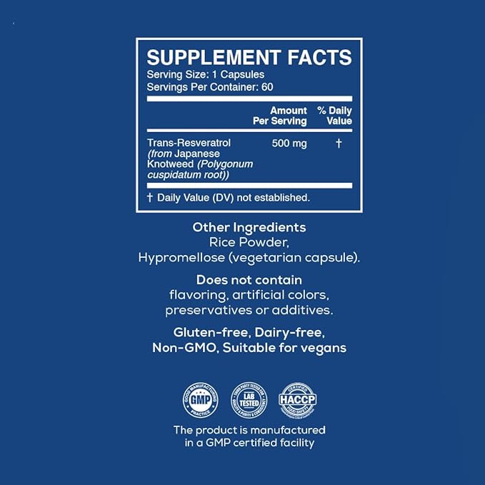 Trans Resveratrol 500 mg 60 Capsules Lab | Antioxidant Support | 60 Vegan Capsules