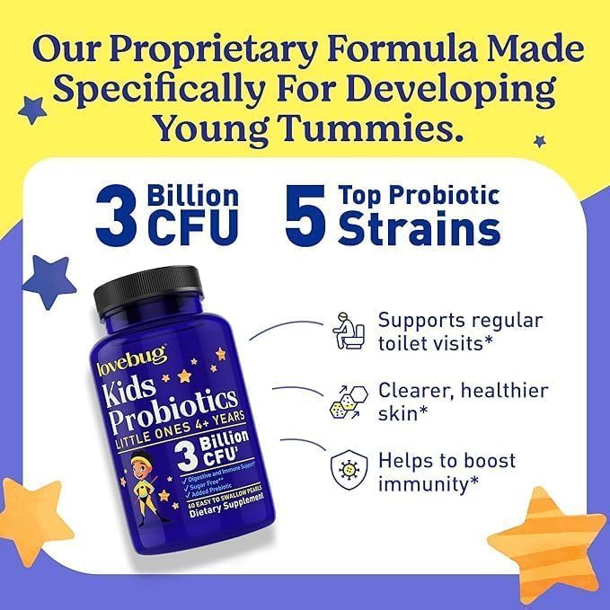 LOVEBUG Probiotics for Kids - Kids Probiotic Chewables with Prebiotics for Aged 4+ Daily Children’s Gut Health Constipation Digestive &amp Immune Support Supplement Sugar-Free 120 Soft Pearls