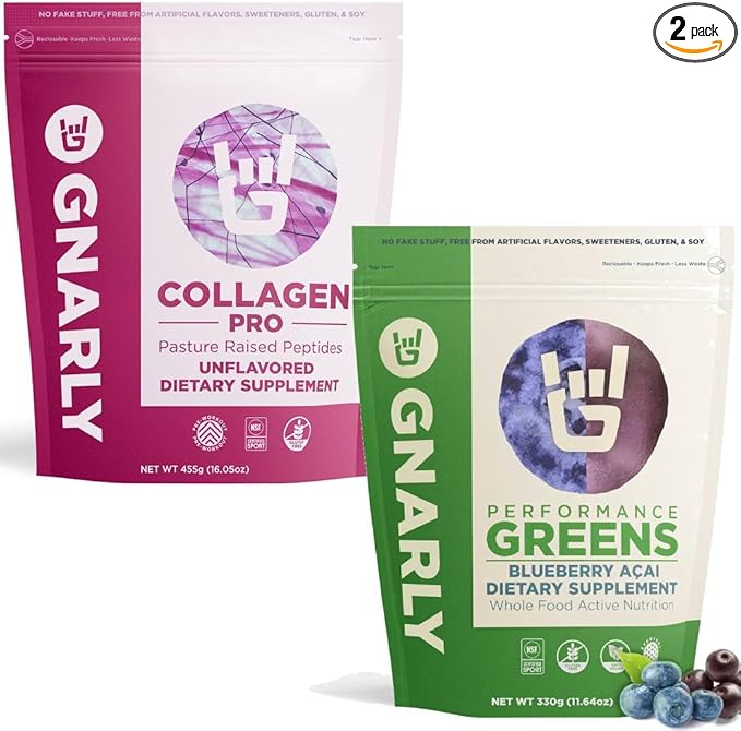 Gnarly Nutrition Collagen Pro Unflavored (15.87oz) and Gnarly Performance Greens Blueberry Açai (11.64 oz)