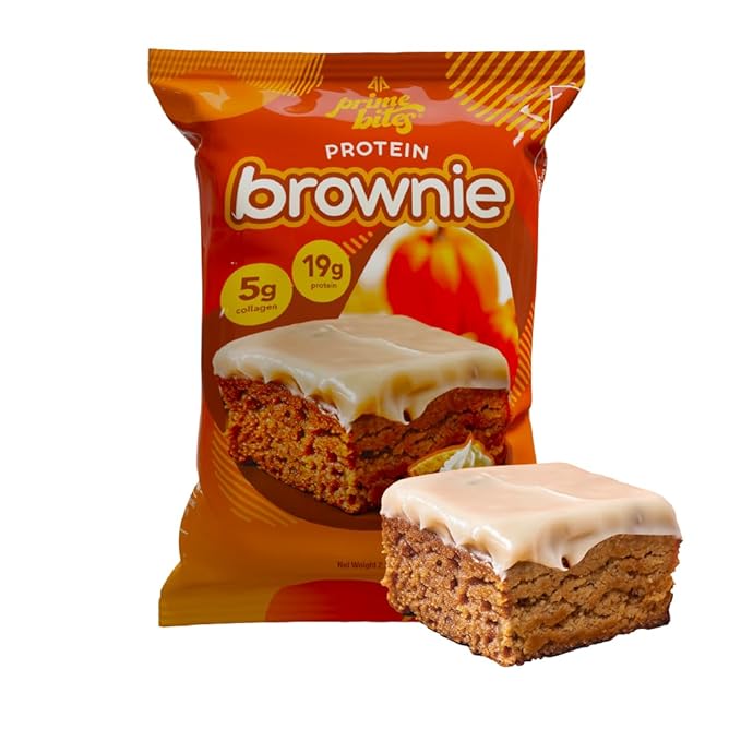 Prime Bites High Protein Brownie (12 Per Box Glazed Pumpkin Spice) - 19g of Protein 5g of Collagen Gluten Free Low Sugar Treat Delicious Protein Snack