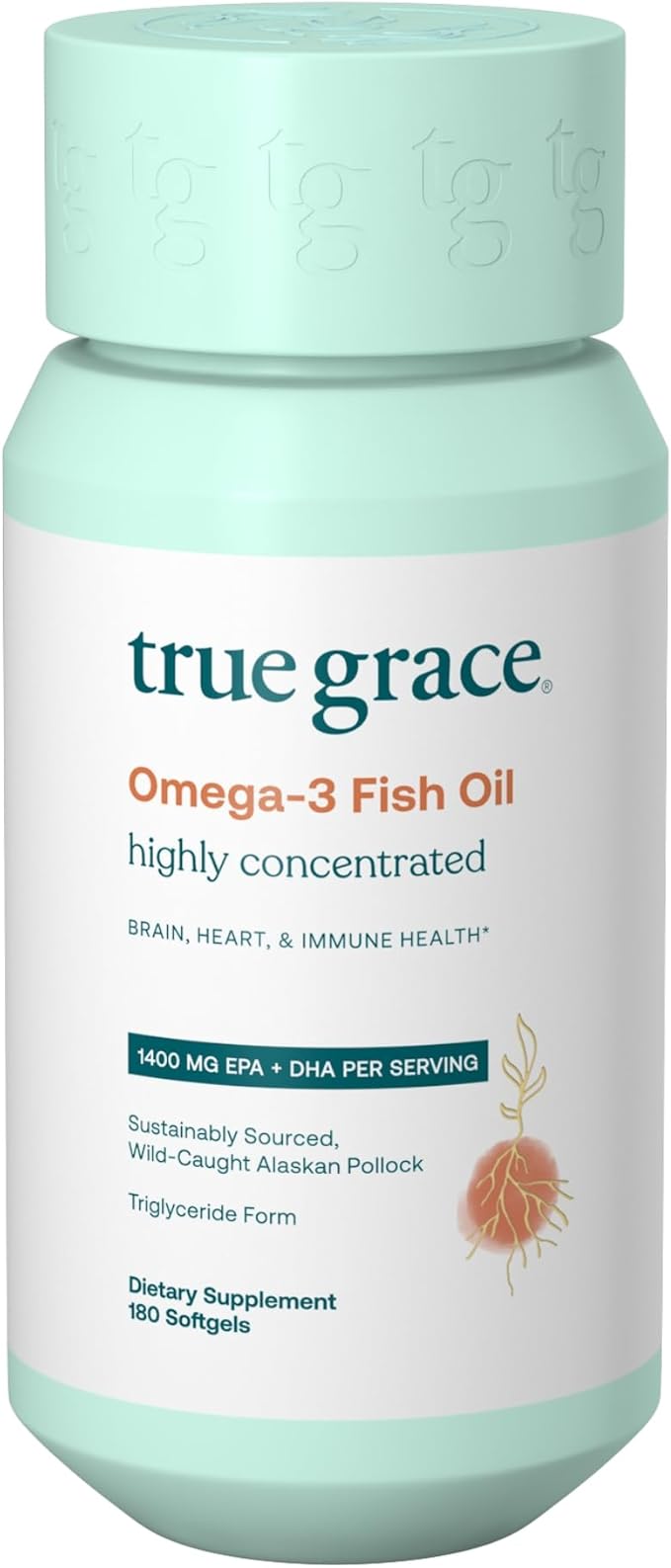 True Grace Omega-3 Fish Oil - 180 Softgels - 1400 mg EPA + DHA - Brain Heart Joint &amp Immune Health - Organic Gluten Free Soy Free