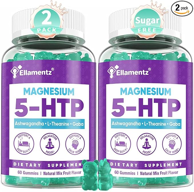 5HTP Gummies + GABA - Melatonin Free -Magnesium Glycinate Ashwagandha L-Theanine L-Tryptophan &amp Vitamin D3 | Relaxation &amp Calm Gummies | Nighttime Support for Adults 2 Pack
