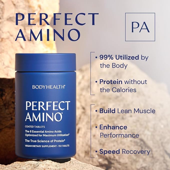 BodyHealth PerfectAmino (150 ct) Easy to Swallow Tablets Essential Amino Acids Supplement with BCAAs Vegan Protein for Pre/Post Workout &amp Muscle Recovery with Lysine Tryptophan Leucine Methio