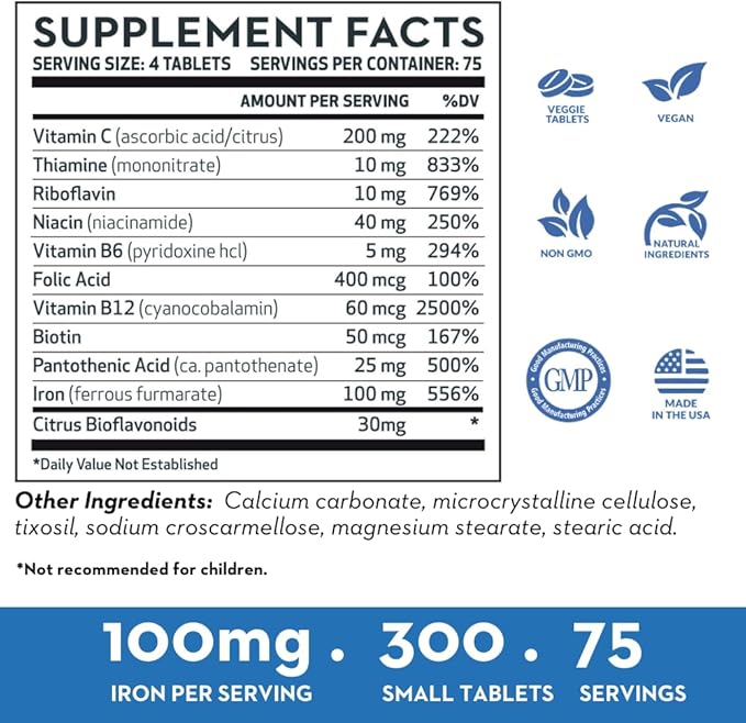 Vitaminerals Deceliron | 100mg Iron | B Vitamins | Vitamin C | Gentle Red Blood Cell Supplement | Non-GMO | Vegan Gluten &amp Dairy Free | 300 Tablets