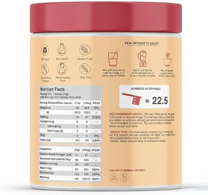 Collagen (250gm Orange) with Biotin Hyaluronic Acid Zinc Vitamin C &amp Glucosamine | for Skin Hair Nails &amp Joints