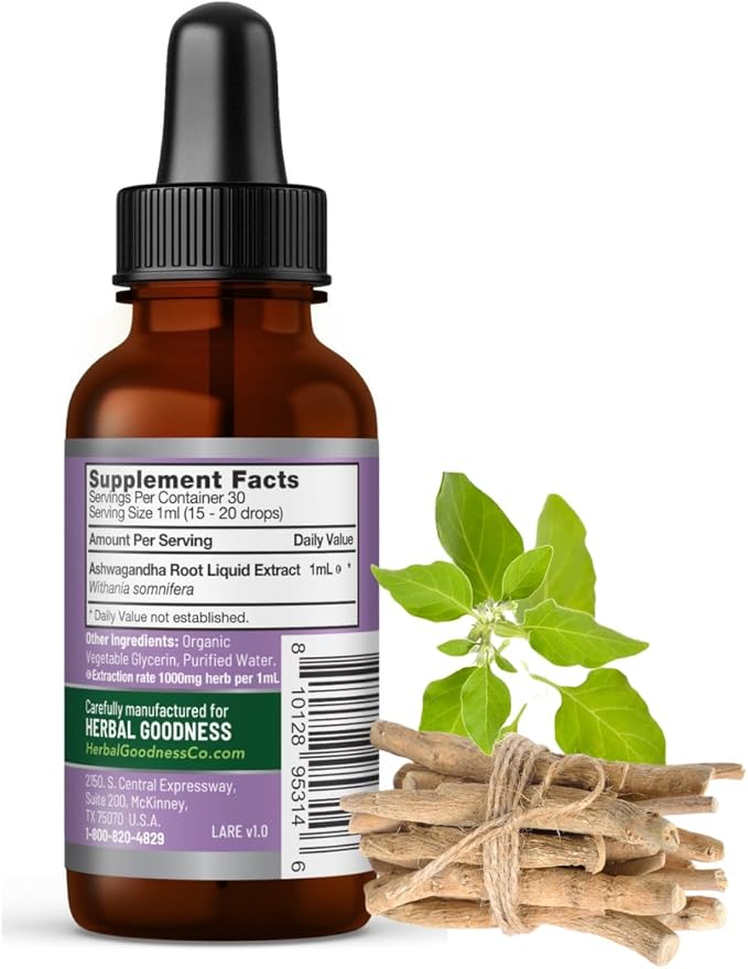 Ashwagandha Root Extract | Organic Ashwagandha Supplements for Women &amp Men | Natural Calm Mood Support Supplement | Non-GMO Vegan Adaptogenic Fast Absorption Liquid Drops 1 fl. oz