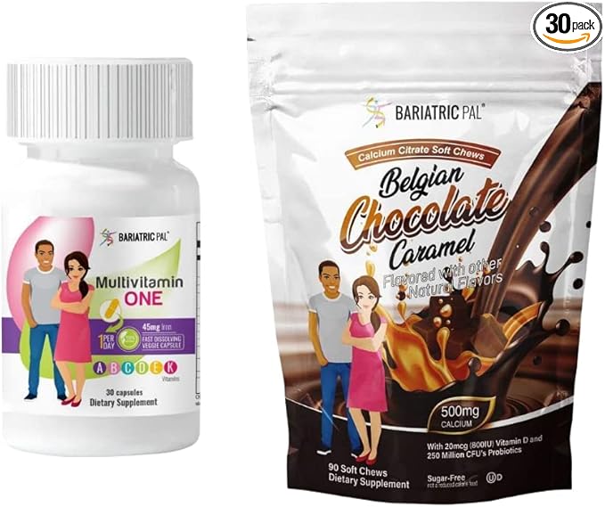 BariatricPal 30-Day Bariatric Vitamin Bundle (Multivitamin ONE 1 per Day! Capsule with 45mg Iron and Calcium Citrate Soft Chews 500mg with Probiotics - Belgian Chocolate Caramel)