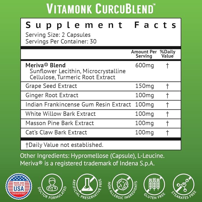 VitaMonk Turmeric and Ginger Complex with Meriva Grape Seed Boswellia Extract Cat’s Claw and More - Ginger and Turmeric Supplements for Overall Health Wellness and Immune Support - 60 Caps