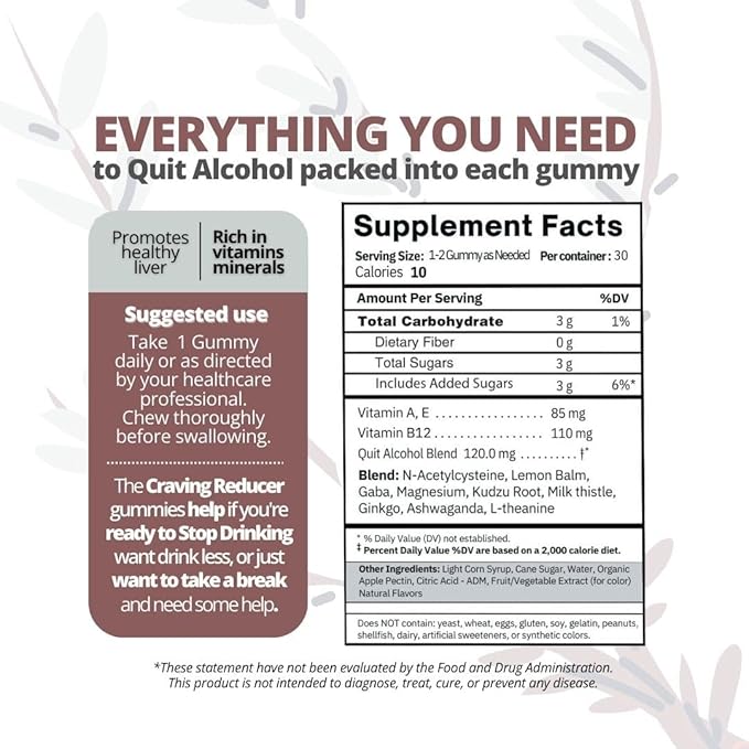 Quit Drinking Alcohol Aid | 100% Drug-Free Natural Works Fast Support Gummies to Help Less Cravings Suppress Triggers Before During &amp After Quitting