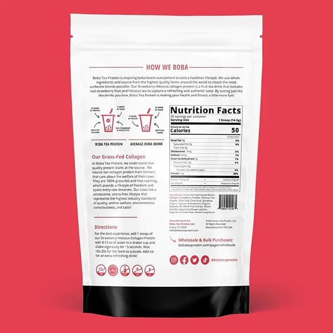 Strawberry Hibiscus Flavored Collagen | 30 Servings | Grass-Fed Hydrolyzed Bovine Collagen Powder for Men and Women | Promotes Hair Nail Skin Bone and Joint Health | No Added Sugar