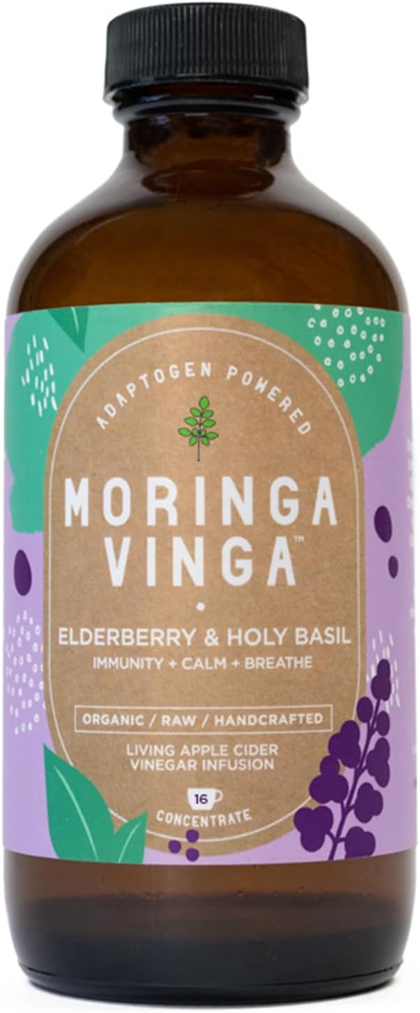 Elderberry &amp Holy Basil Moringa Infusion - Organic Immune Support Respiratory Wellness Stress Relief Herbal Tonic with Apple Cider Vinegar Ginger Hibiscus Honey - 100% Pure Non-GMO 8 oz