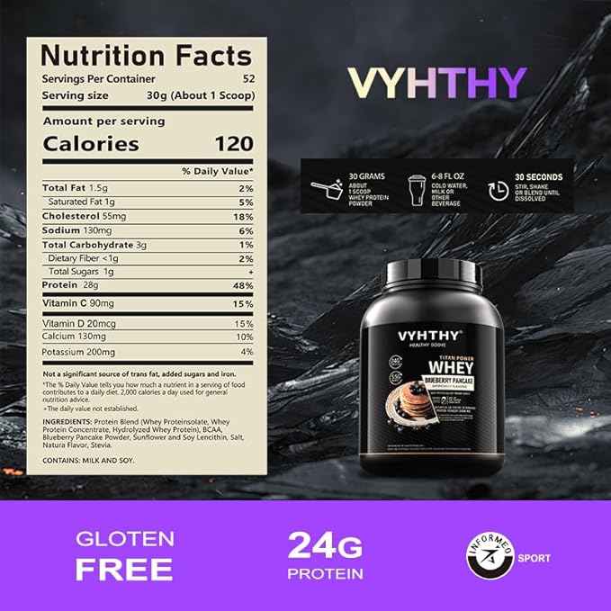 Blueberry Pancake Flavored Whey Protein Powder24g Protein per Serving Fast-Absorbing Concentrated whey Protein Low Sugar Gluten-Free Natural Flavor 3.5lbs(56oz)