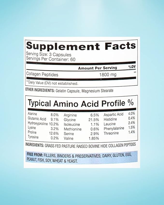 BioOptimal Collagen Peptides Capsules - Grass-Fed Pasture-Raised Hydrolyzed Protein Supplement for Skin Hair &amp Nails - Non-GMO Zero Sugar Daily Pills for Men &amp Women (180 Capsules)