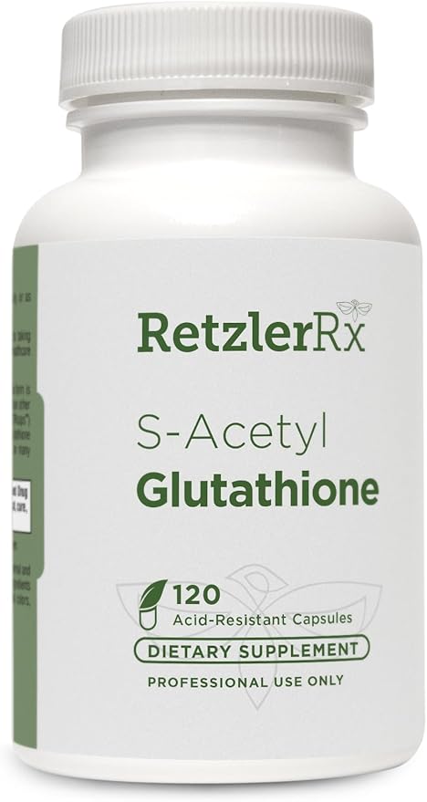 RetzlerRx S-Acetyl Glutathione Supplement 100 mg. per Capsule Made in USA - 120 Acid-Resistant Capsules - Antioxidant Support - Non-GMO Soy &amp Gluten-Free / Bergaflow® Pharmaceutical Grade