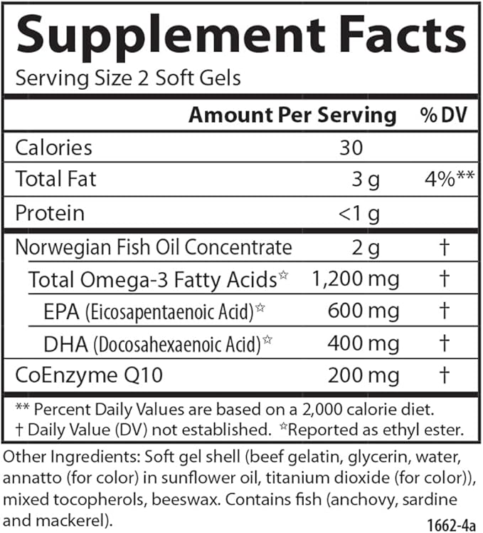 Carlson - Super Omega-3 Gems + CoQ10 1200 mg Omega-3s 200 mg CoQ10 Circulation Function Energy Production &amp Circulatory Support 120 Softgels